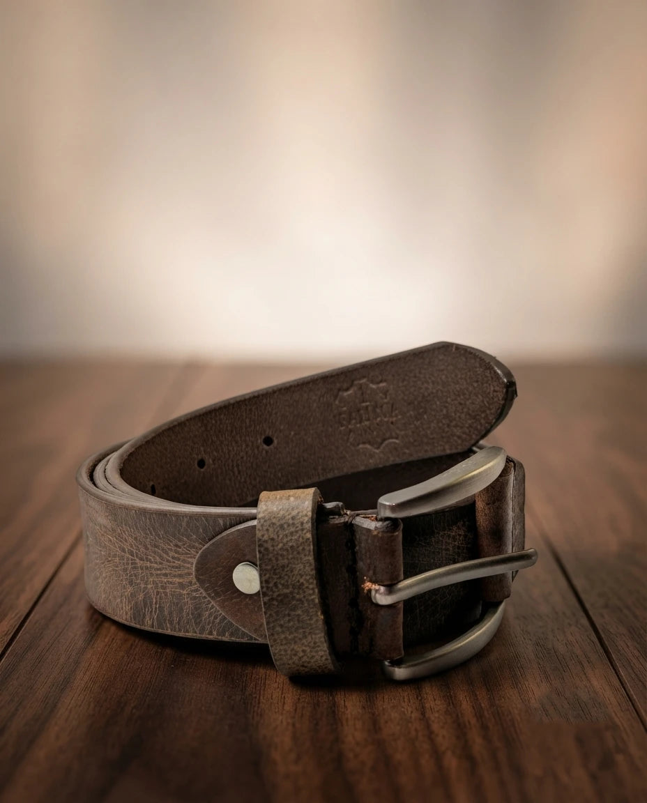 FAUMA Dark Brown Pebbled Leather Belt with Double-Prong Buckle