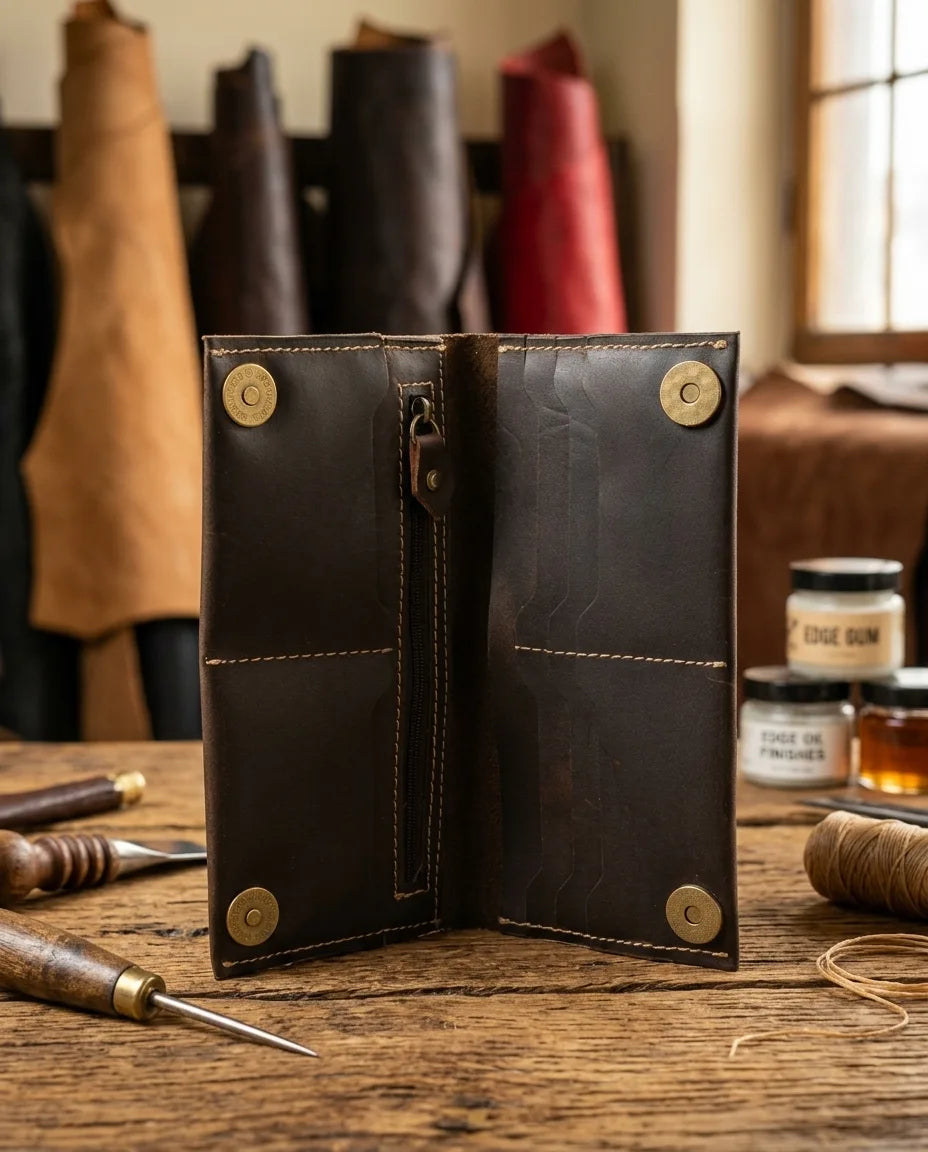 FAUMA Classic Brown Leather Long Bifold Wallet