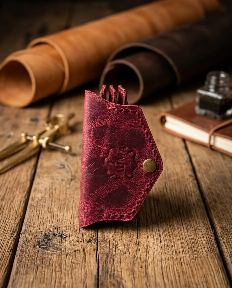 FAUMA Burgundy Pebbled Leather Envelope Card Wallet