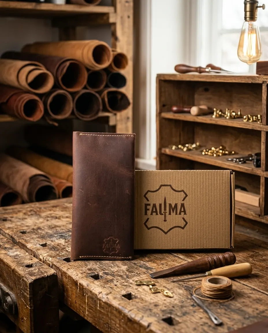 FAUMA Classic Brown Leather Long Bifold Wallet