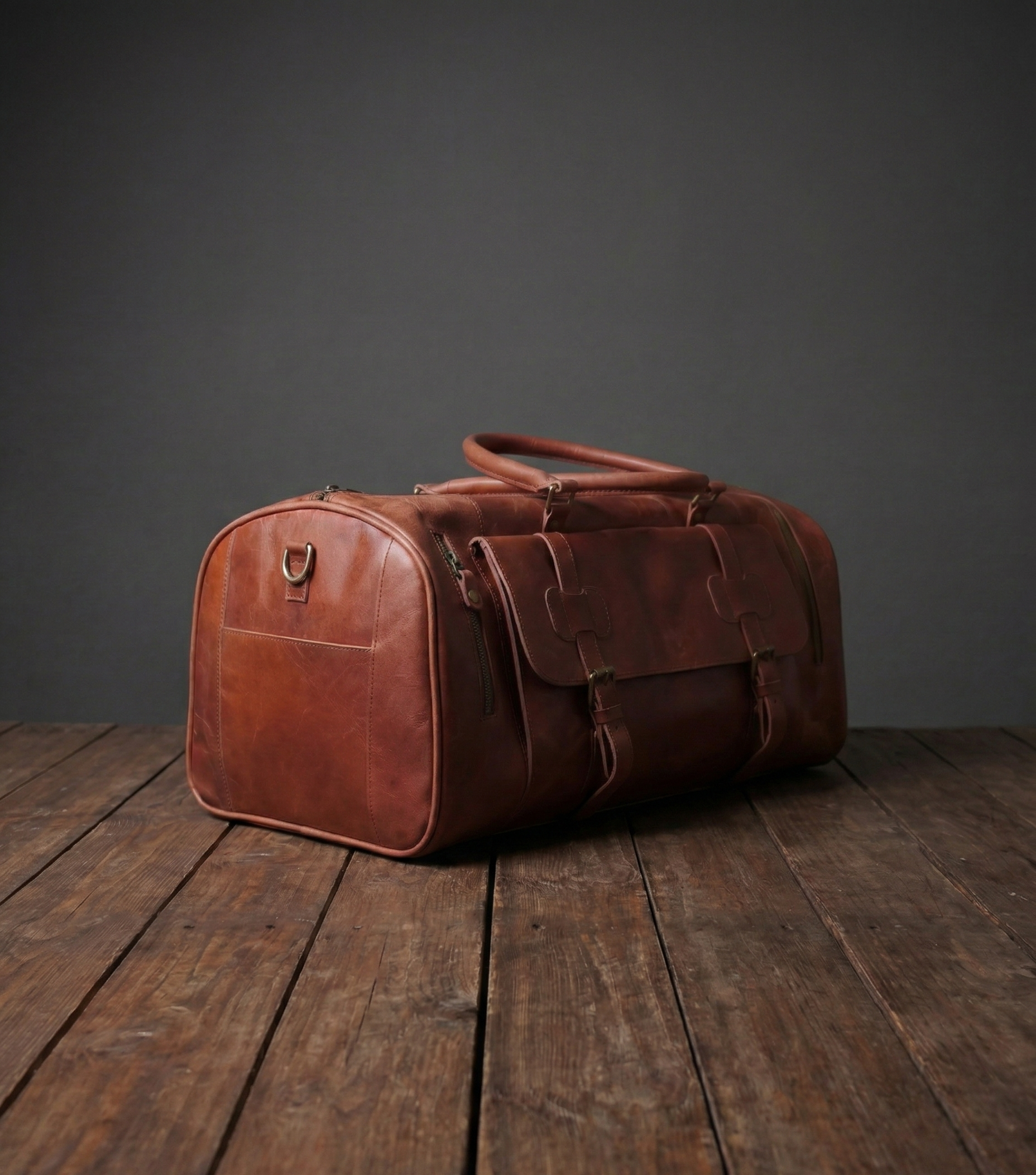 Premium Handcrafted Genuine Leather Duffel Bag - Large Travel Carry-on Gym Bag (Brown)