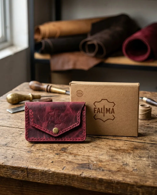 FAUMA Burgundy Pebbled Leather Envelope Card Wallet