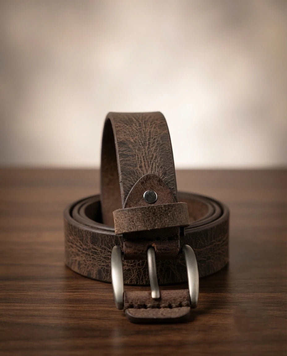 FAUMA Dark Brown Pebbled Leather Belt with Double-Prong Buckle