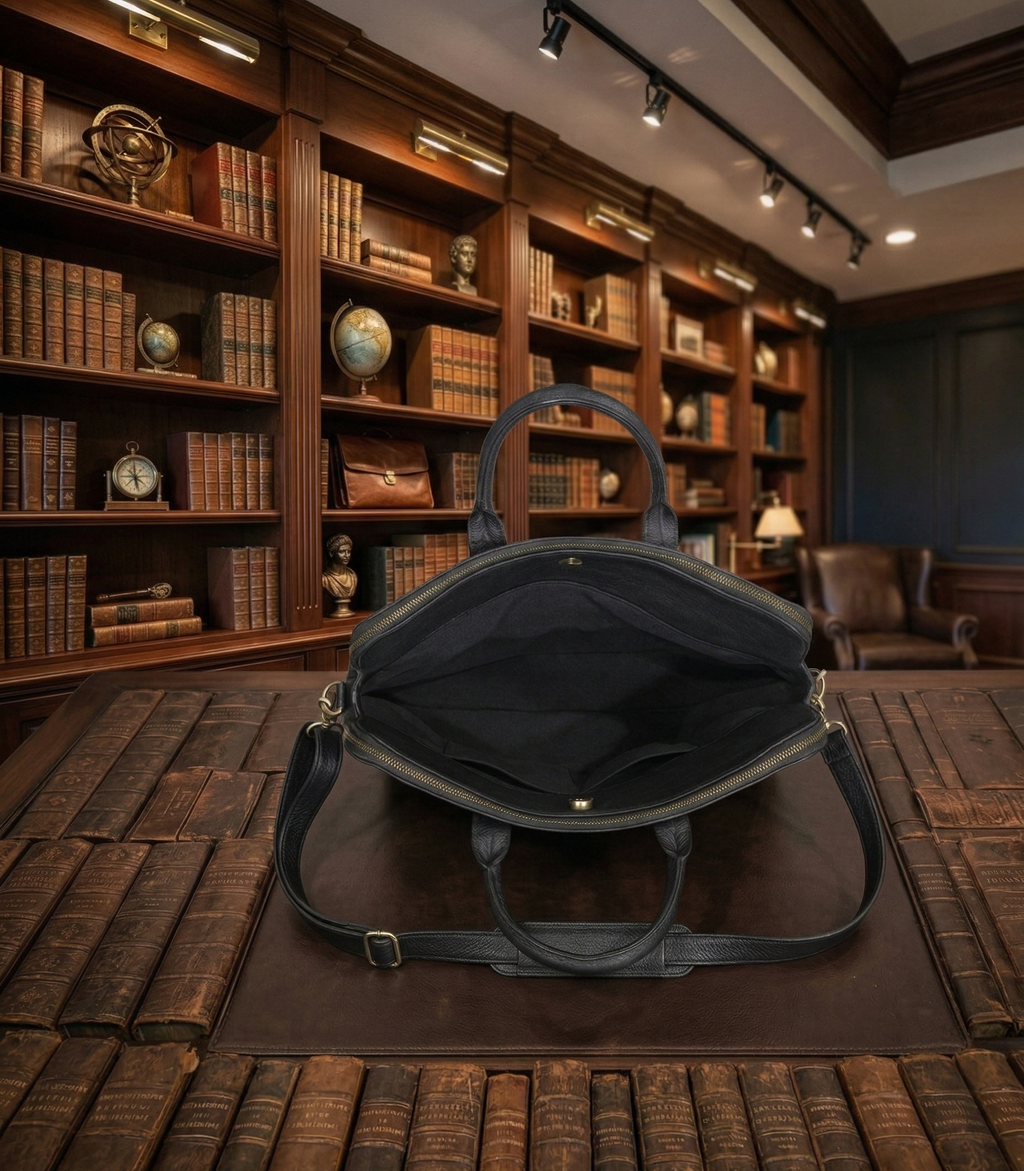 Premium Unisex Genuine Leather Briefcase - Slim Laptop Messenger Bag & Business Professional Crossbody Shoulder Bag (Black)