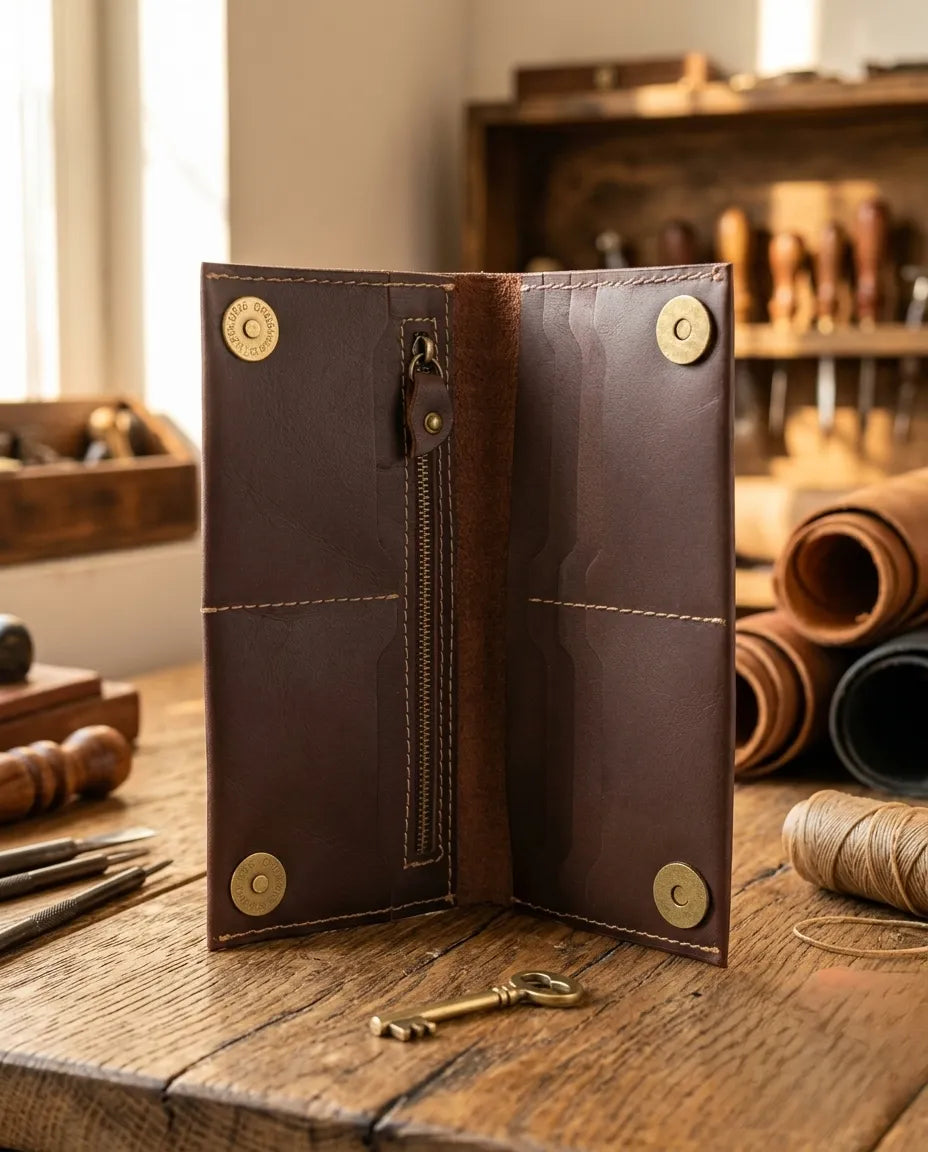 FAUMA Classic Brown Leather Long Bifold Wallet