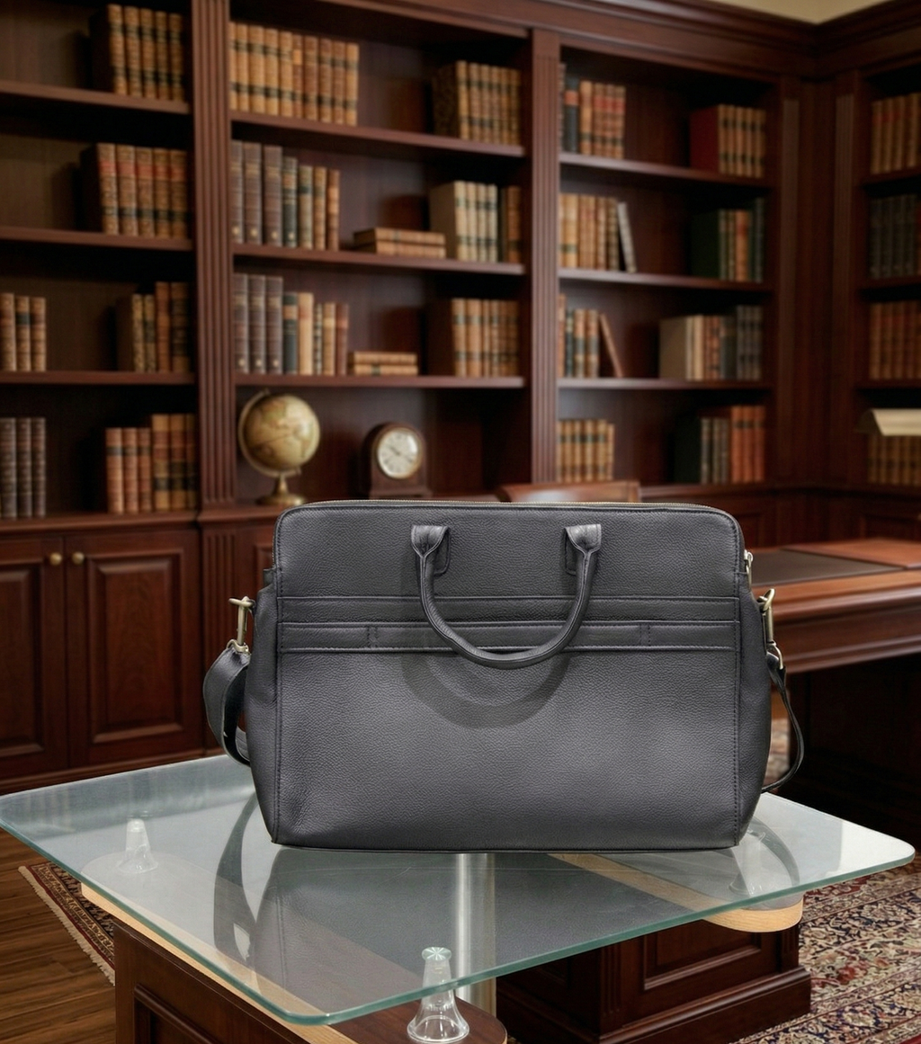 Premium Unisex Genuine Leather Briefcase - Slim Laptop Messenger Bag & Business Professional Crossbody Shoulder Bag (Black)