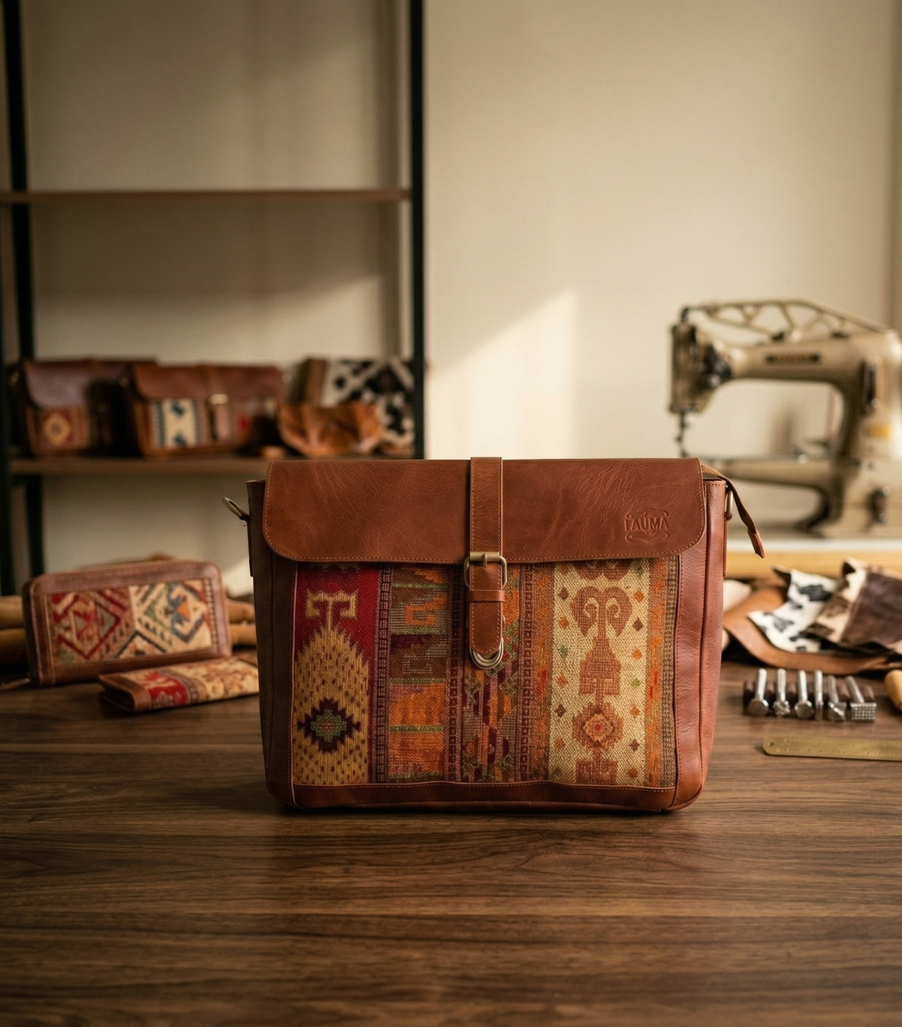 Handcrafted Heritage Leather Messenger Bag | Artisan Woven Front with Multiple Utility Pockets | Premium Crossbody Satchel for Travel & Work