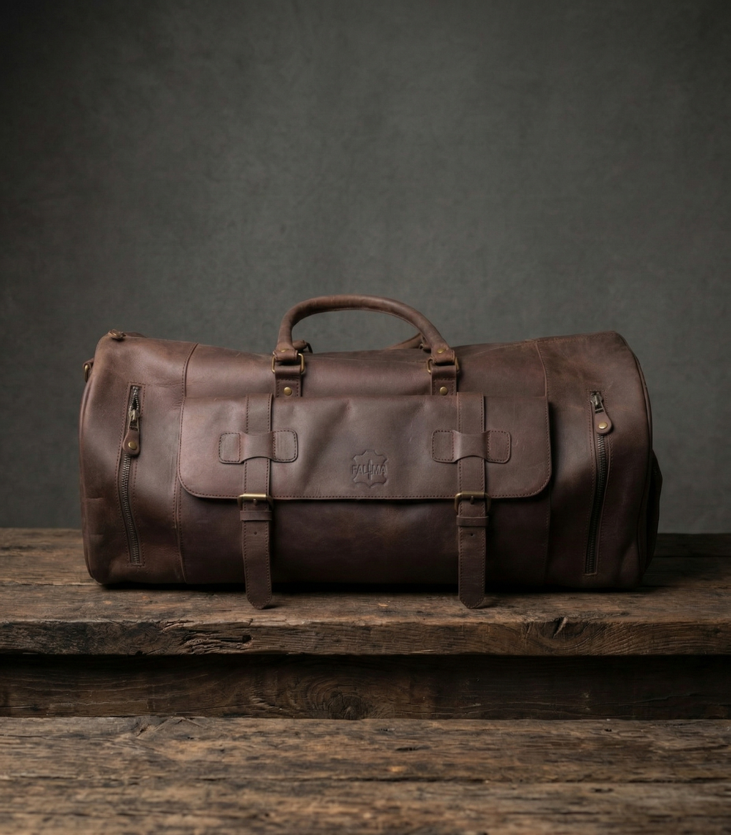 Premium Handcrafted Genuine Leather Duffel Bag - Large Travel Carry-on Gym Bag (Brown)