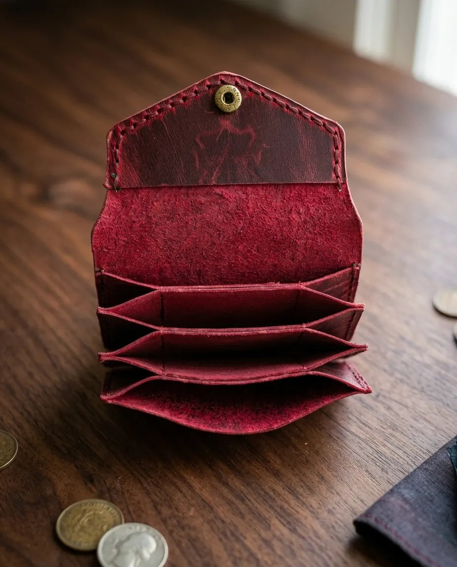 FAUMA Burgundy Pebbled Leather Envelope Card Wallet