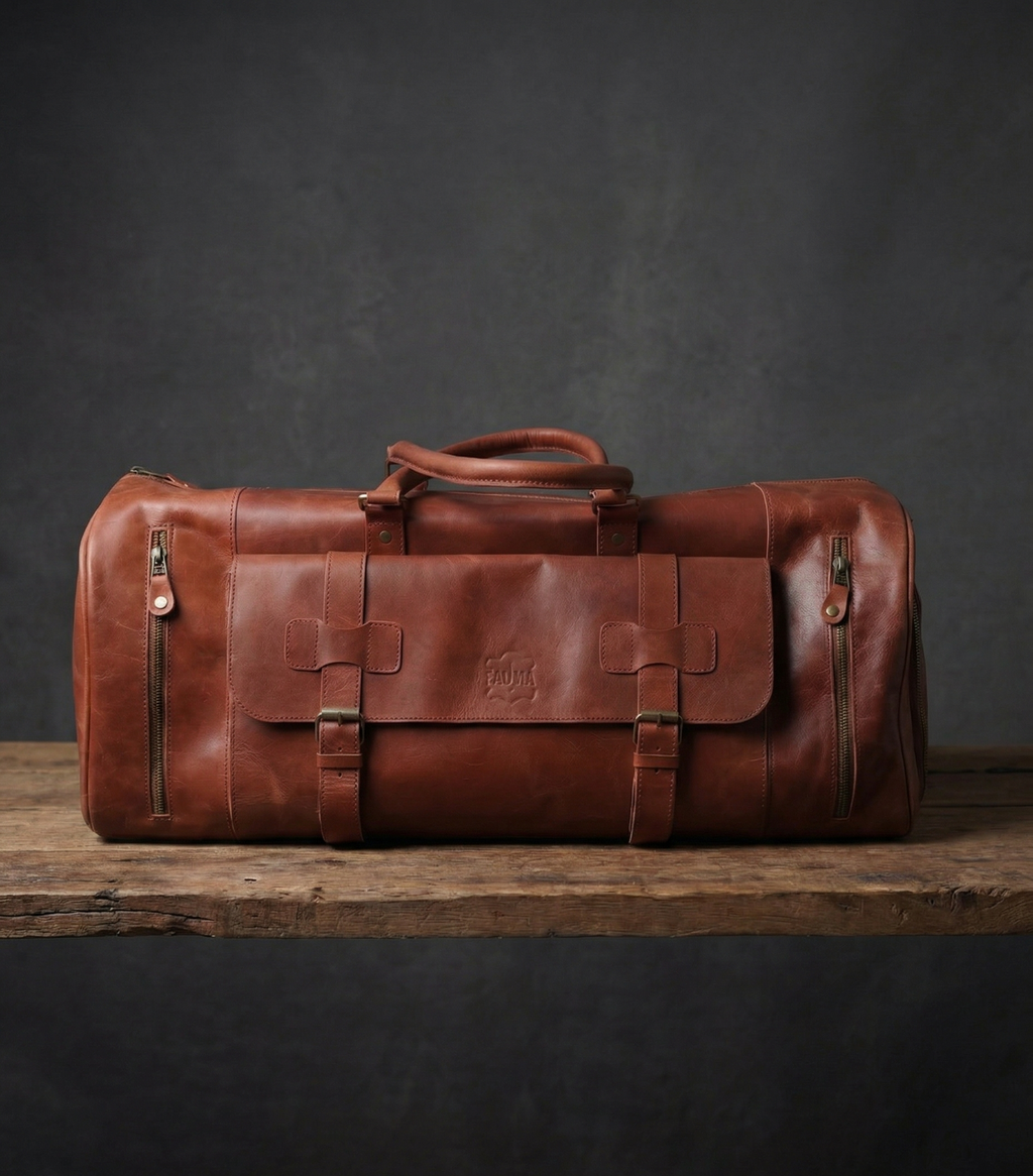 Premium Handcrafted Genuine Leather Duffel Bag - Large Travel Carry-on Gym Bag (Brown)