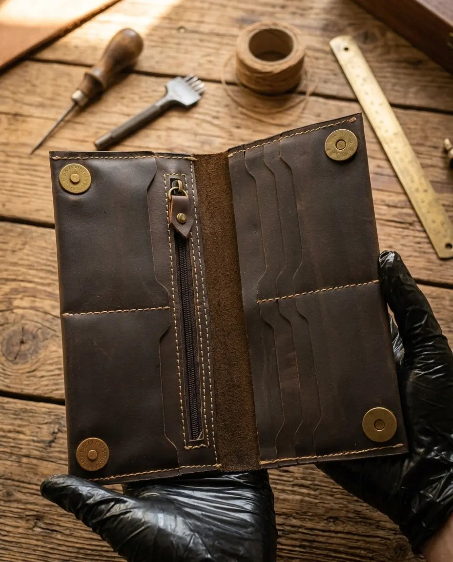 FAUMA Classic Brown Leather Long Bifold Wallet