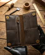 FAUMA Classic Brown Leather Long Bifold Wallet