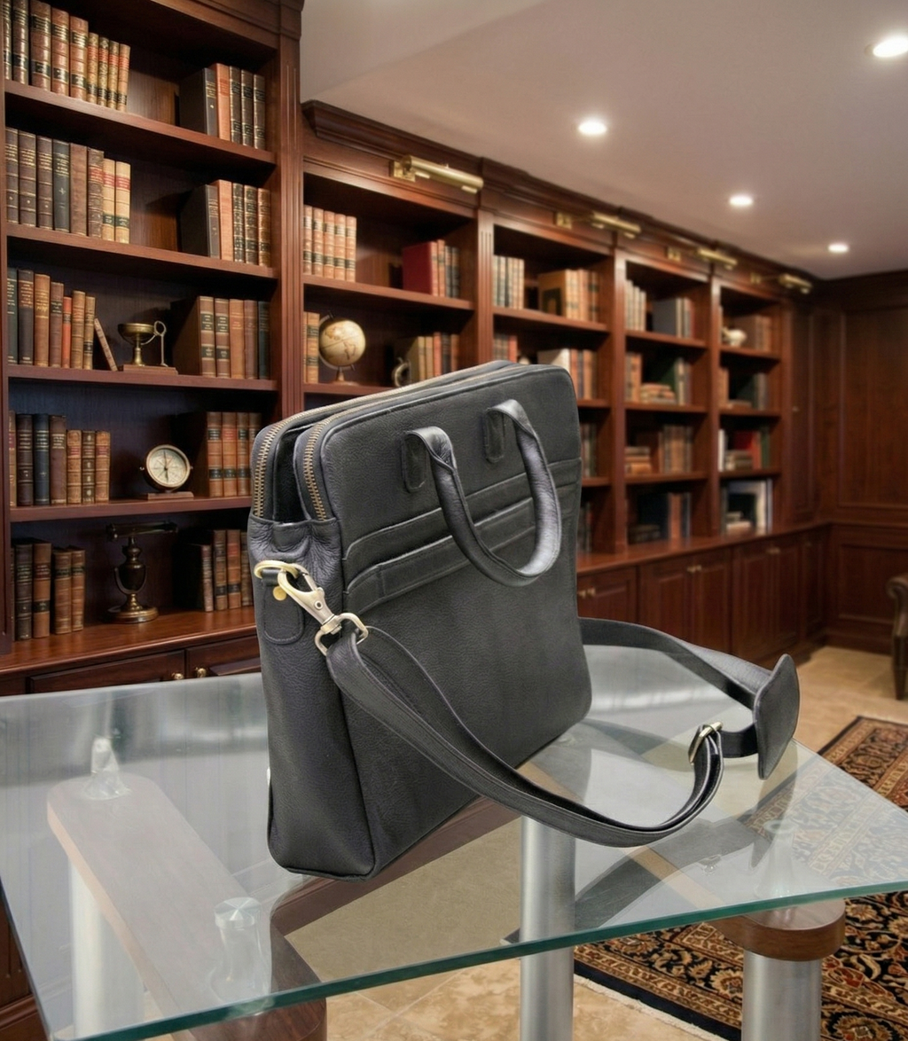 Premium Unisex Genuine Leather Briefcase - Slim Laptop Messenger Bag & Business Professional Crossbody Shoulder Bag (Black)