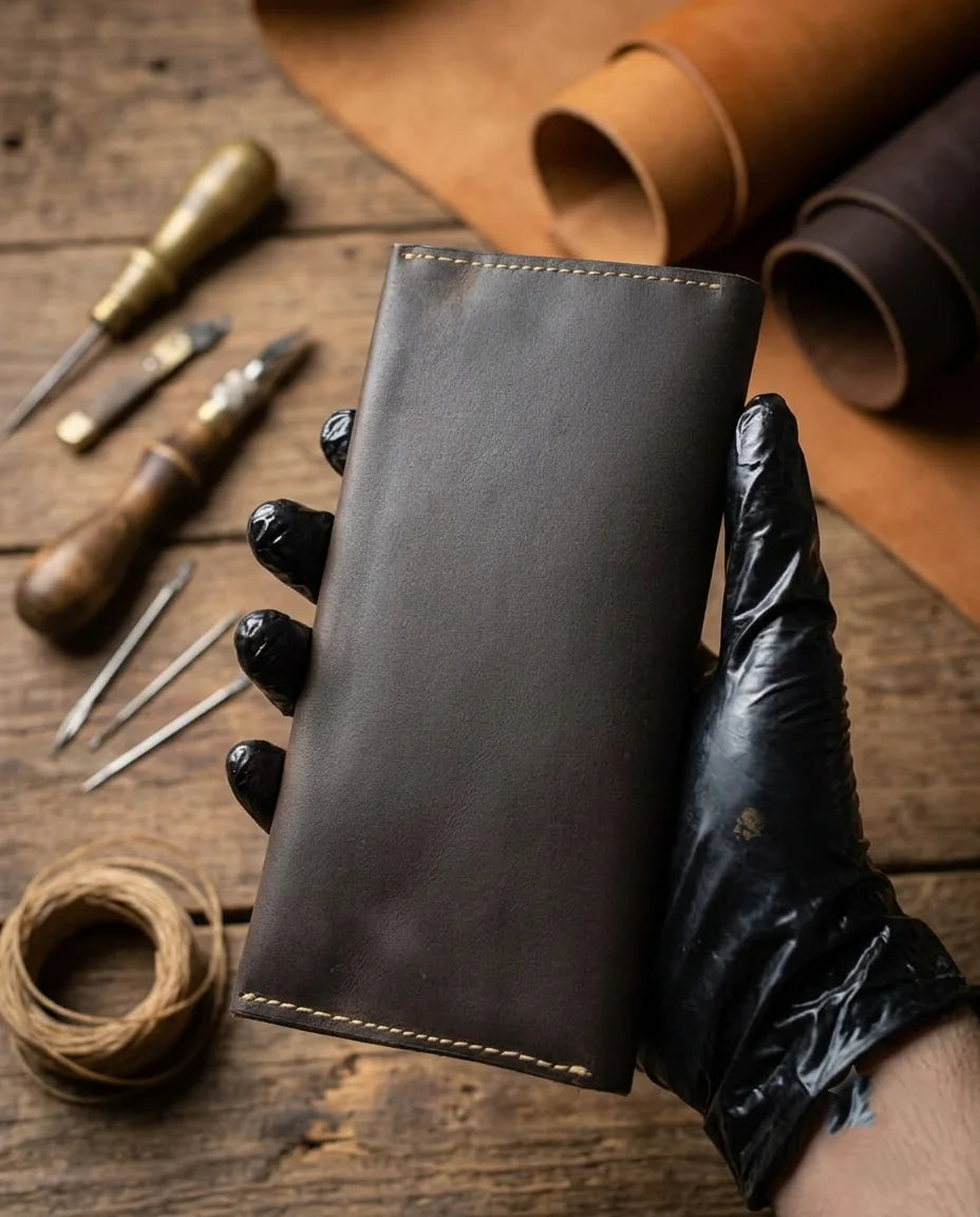 A dark brown leather wallet or card holder held by a hand wearing a black glove, set against a rustic wooden workbench with leatherworking tools and rolls in the background.