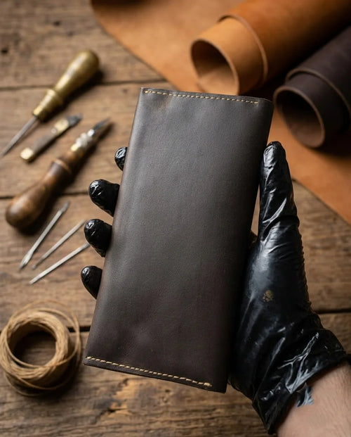 A dark brown leather wallet or card holder held by a hand wearing a black glove, set against a rustic wooden workbench with leatherworking tools and rolls in the background.