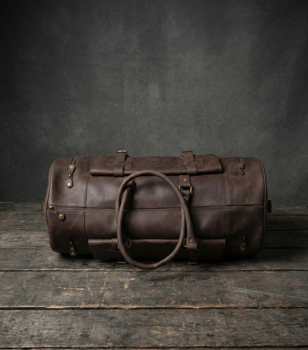 Premium Handcrafted Genuine Leather Duffel Bag - Large Travel Carry-on Gym Bag (Brown)