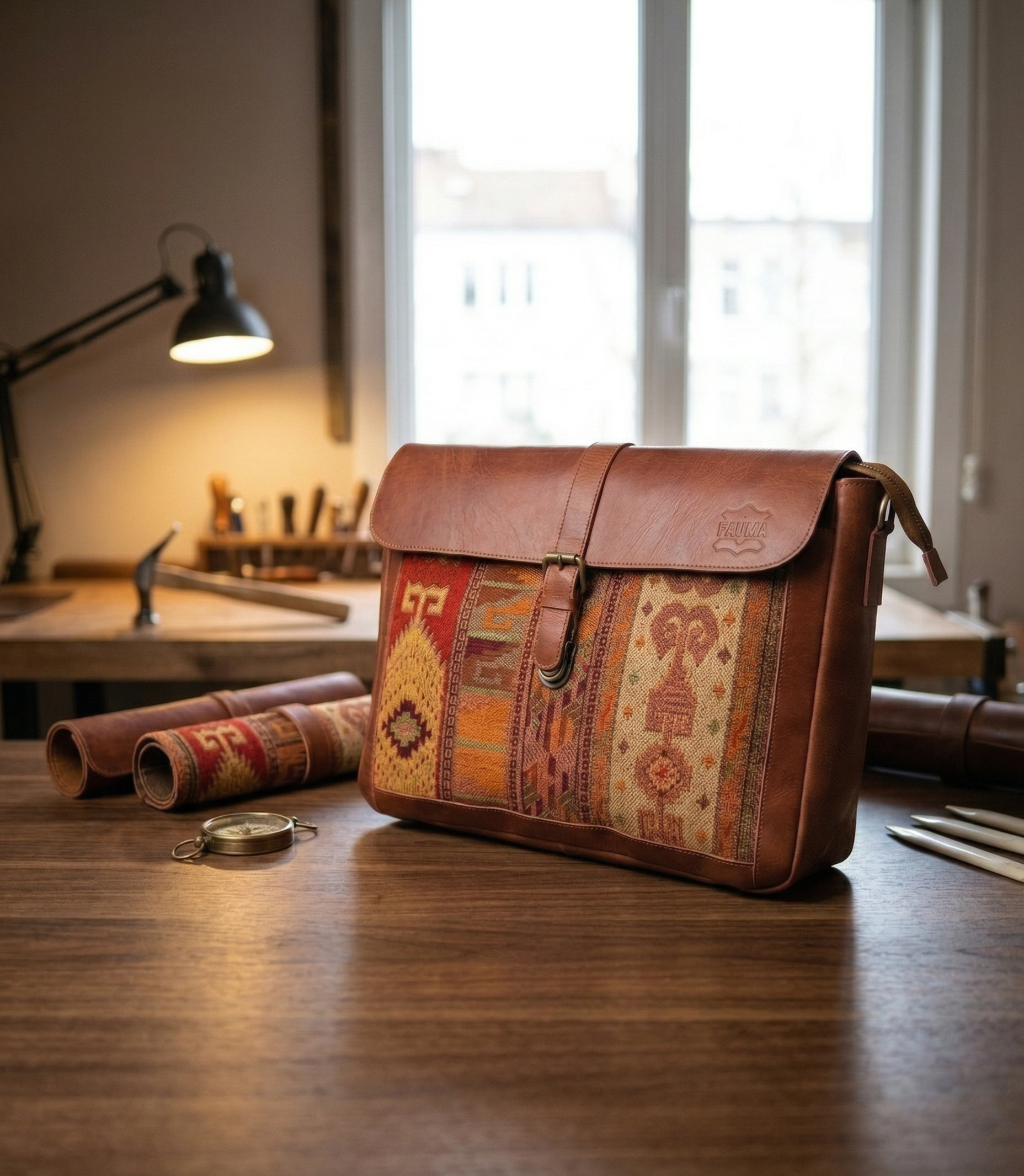 Handcrafted Heritage Leather Messenger Bag | Artisan Woven Front with Multiple Utility Pockets | Premium Crossbody Satchel for Travel & Work