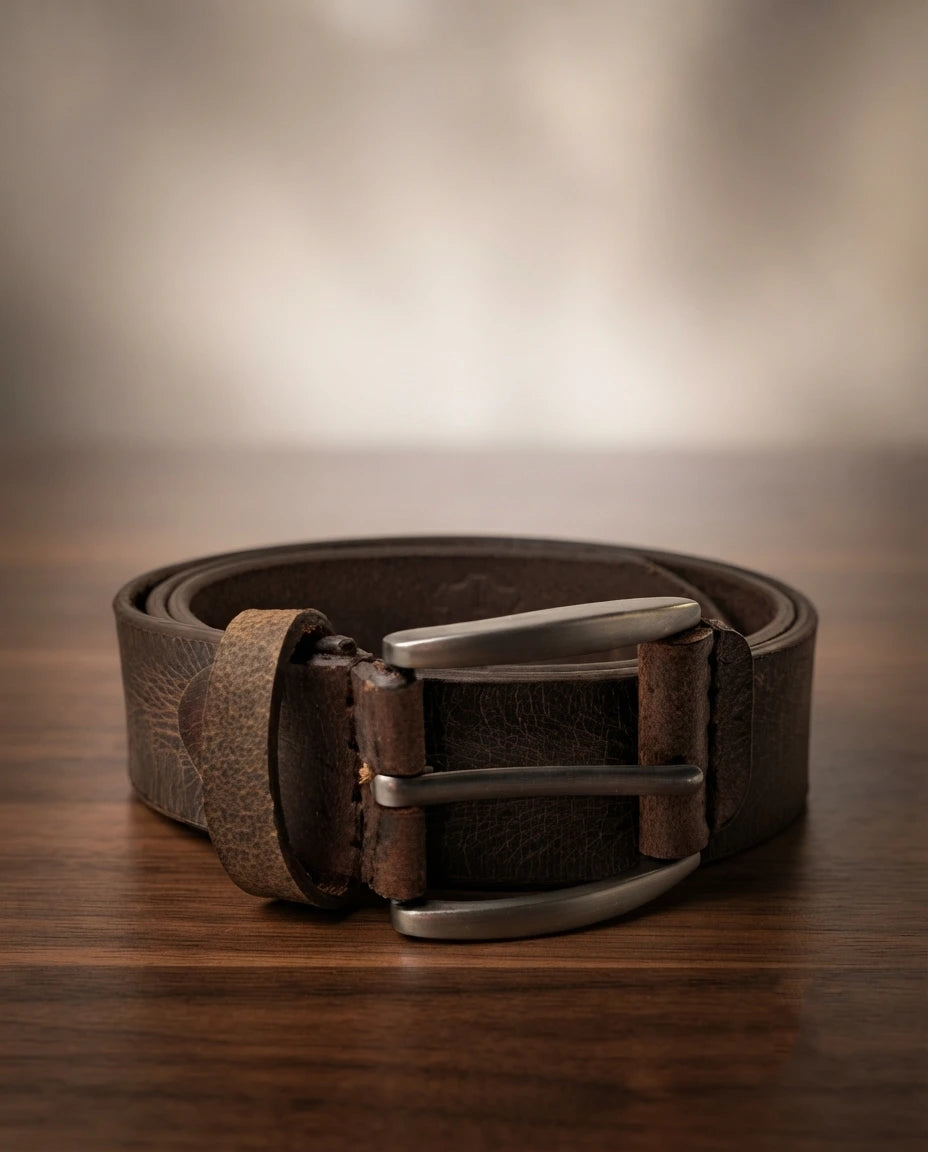 FAUMA Dark Brown Pebbled Leather Belt with Double-Prong Buckle