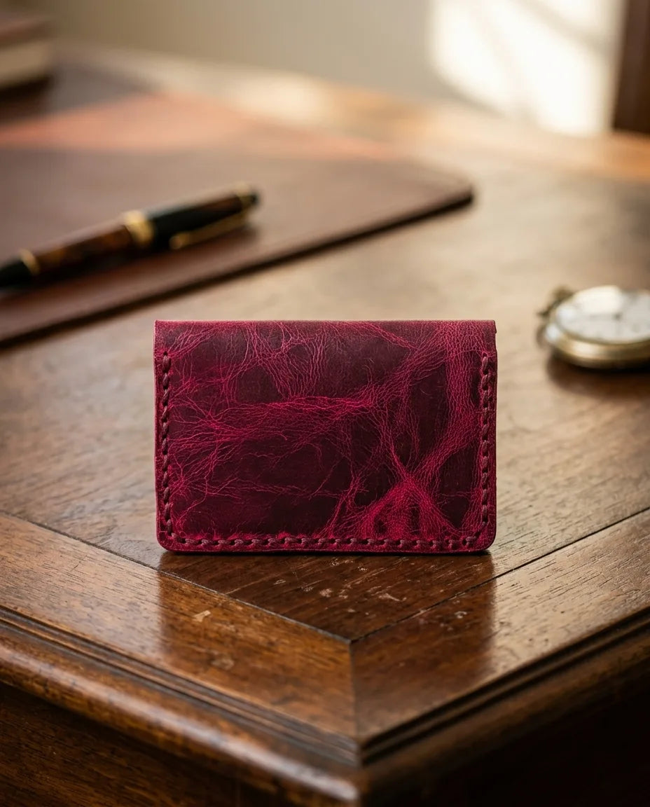 FAUMA Burgundy Pebbled Leather Envelope Card Wallet