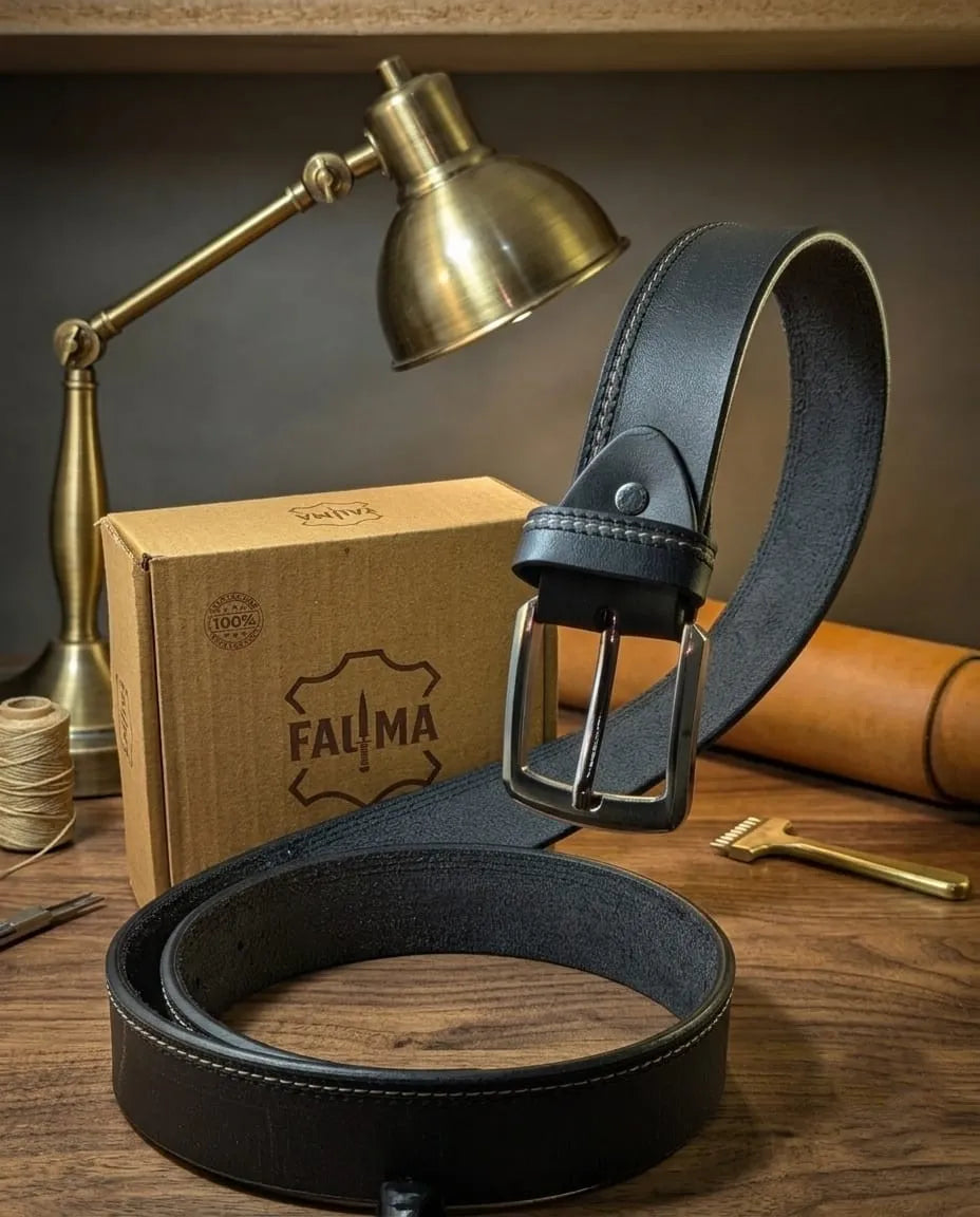 FAUMA Black Leather Belt with Silver Double-Loop Buckle