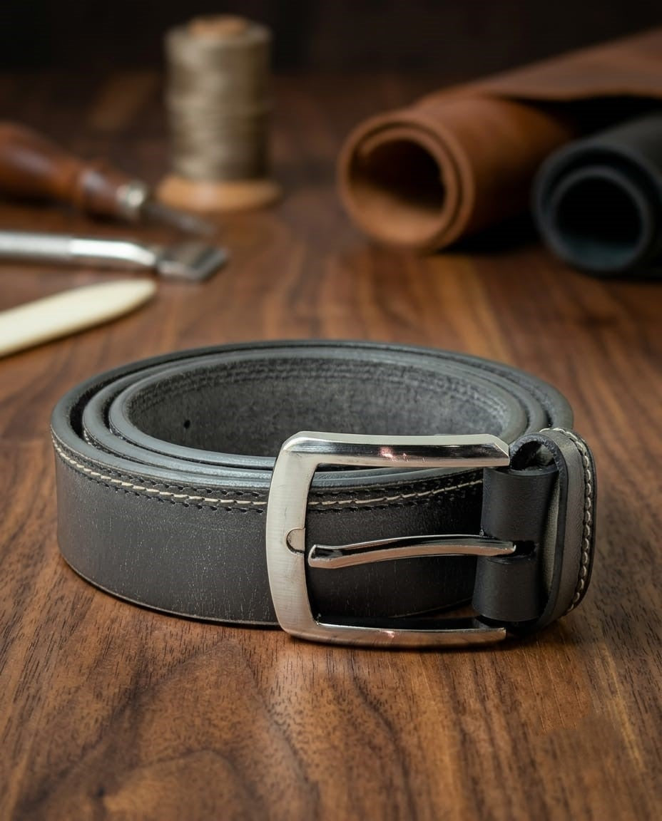 FAUMA Black Leather Belt with Silver Double-Loop Buckle