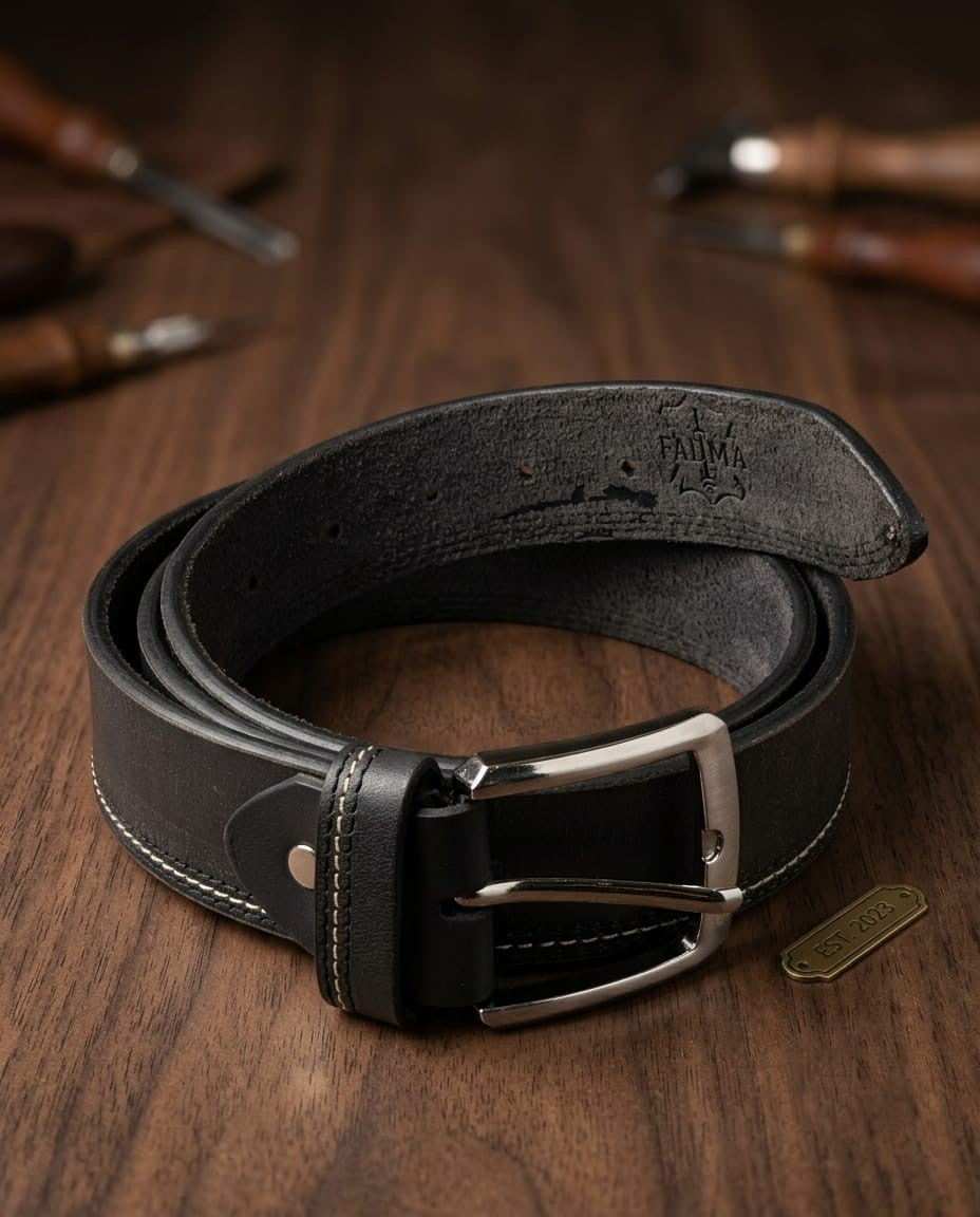 FAUMA Black Leather Belt with Silver Double-Loop Buckle
