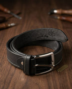 FAUMA Black Leather Belt with Silver Double-Loop Buckle