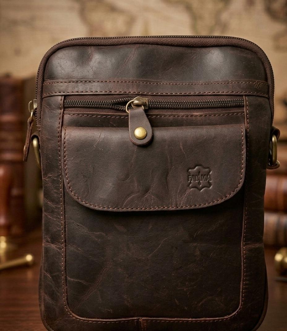 Premium Genuine Leather Crossbody Messenger Bag - Classic Black