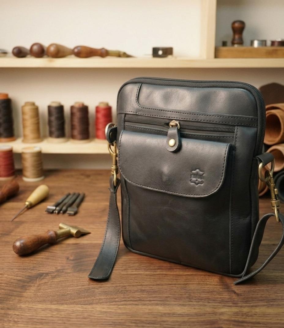 Premium Genuine Leather Crossbody Messenger Bag - Classic Black