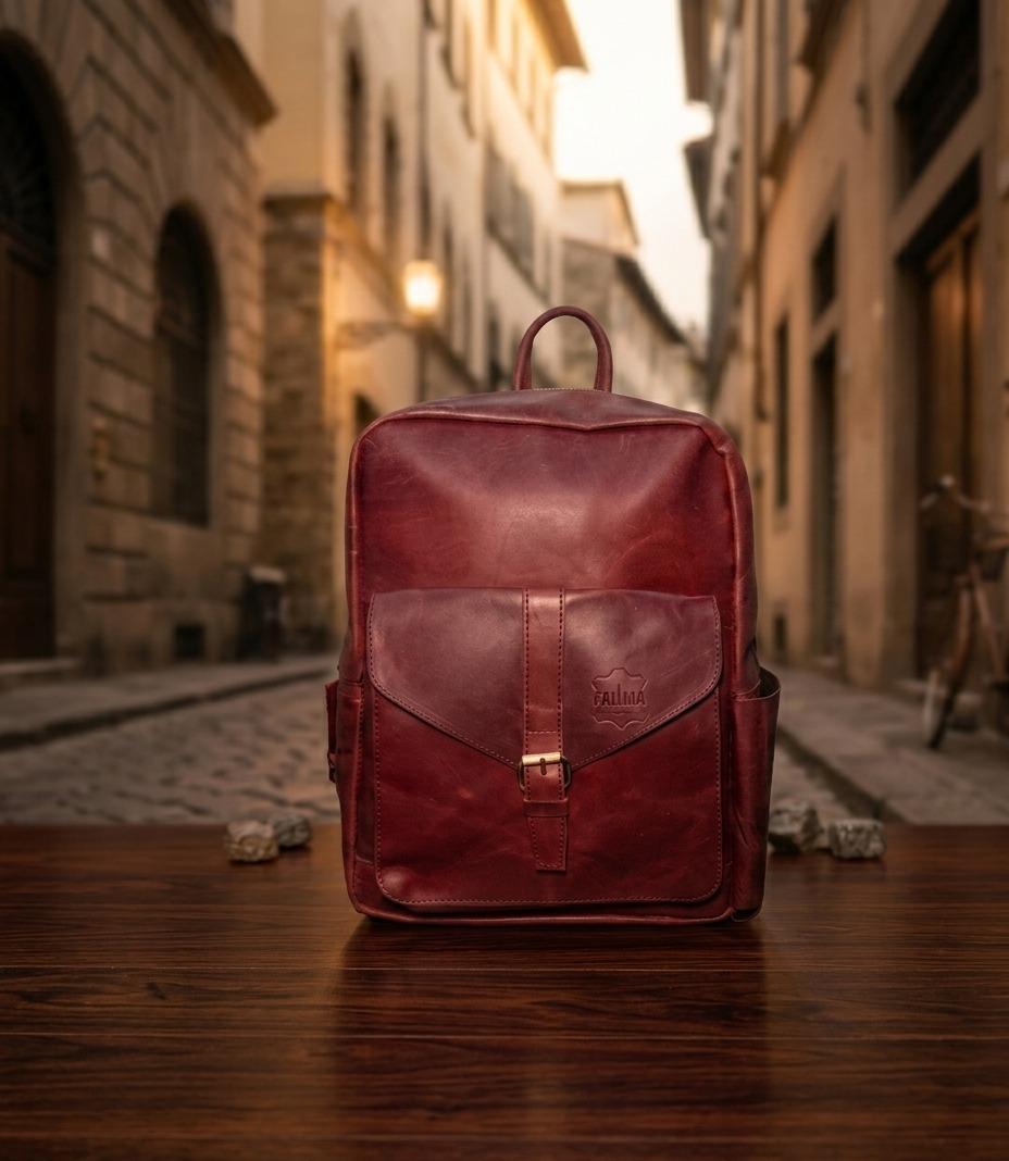 Handcrafted Cherry Red Genuine Leather Backpack | Minimalist Urban Travel Bag