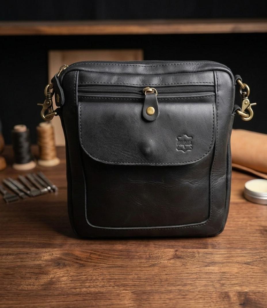Premium Genuine Leather Crossbody Messenger Bag - Classic Black