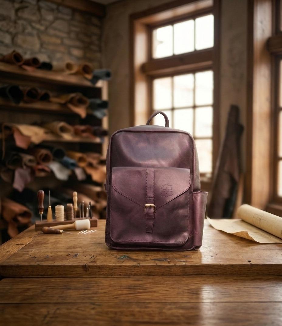 Handcrafted Cherry Red Genuine Leather Backpack | Minimalist Urban Travel Bag