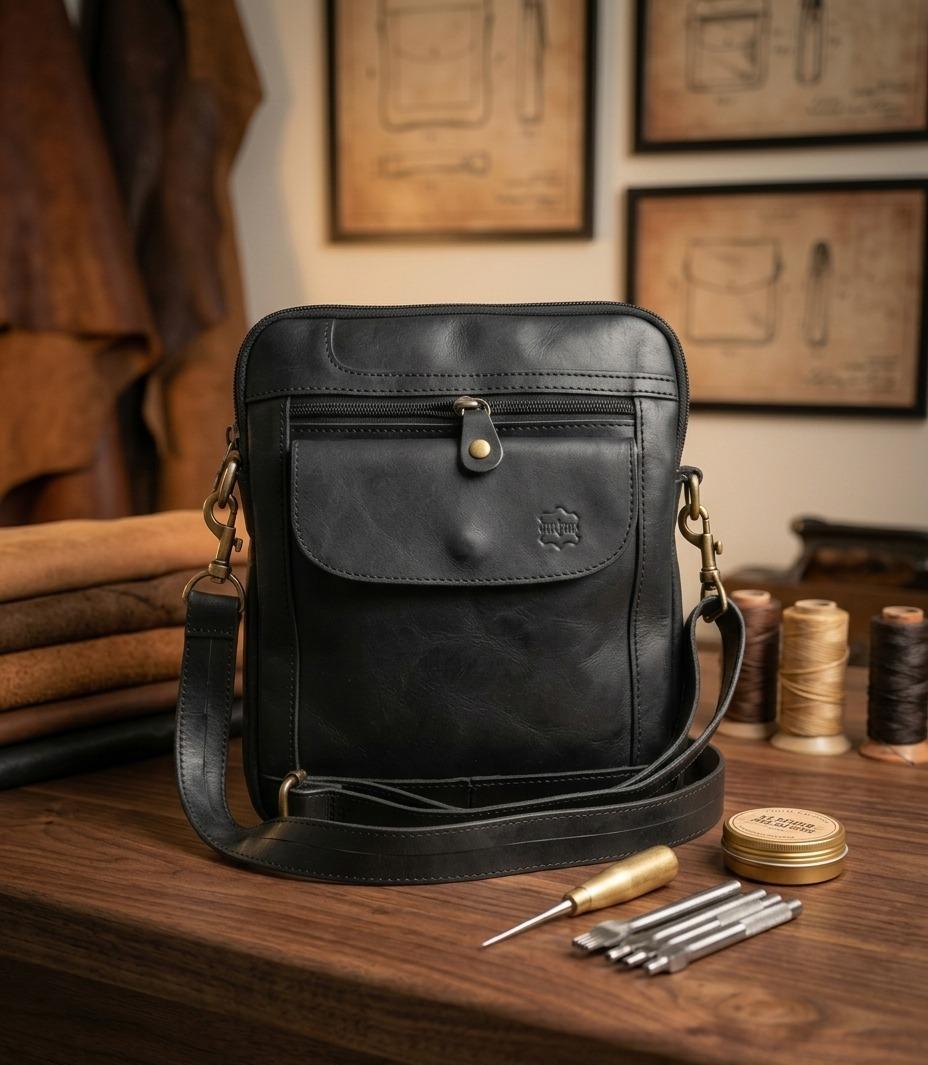 Premium Genuine Leather Crossbody Messenger Bag - Classic Black