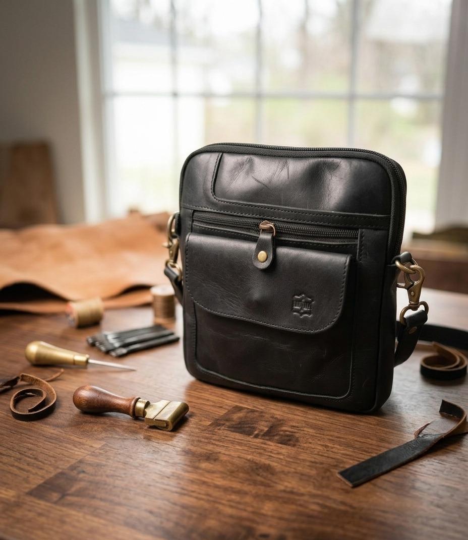 Premium Genuine Leather Crossbody Messenger Bag - Classic Black