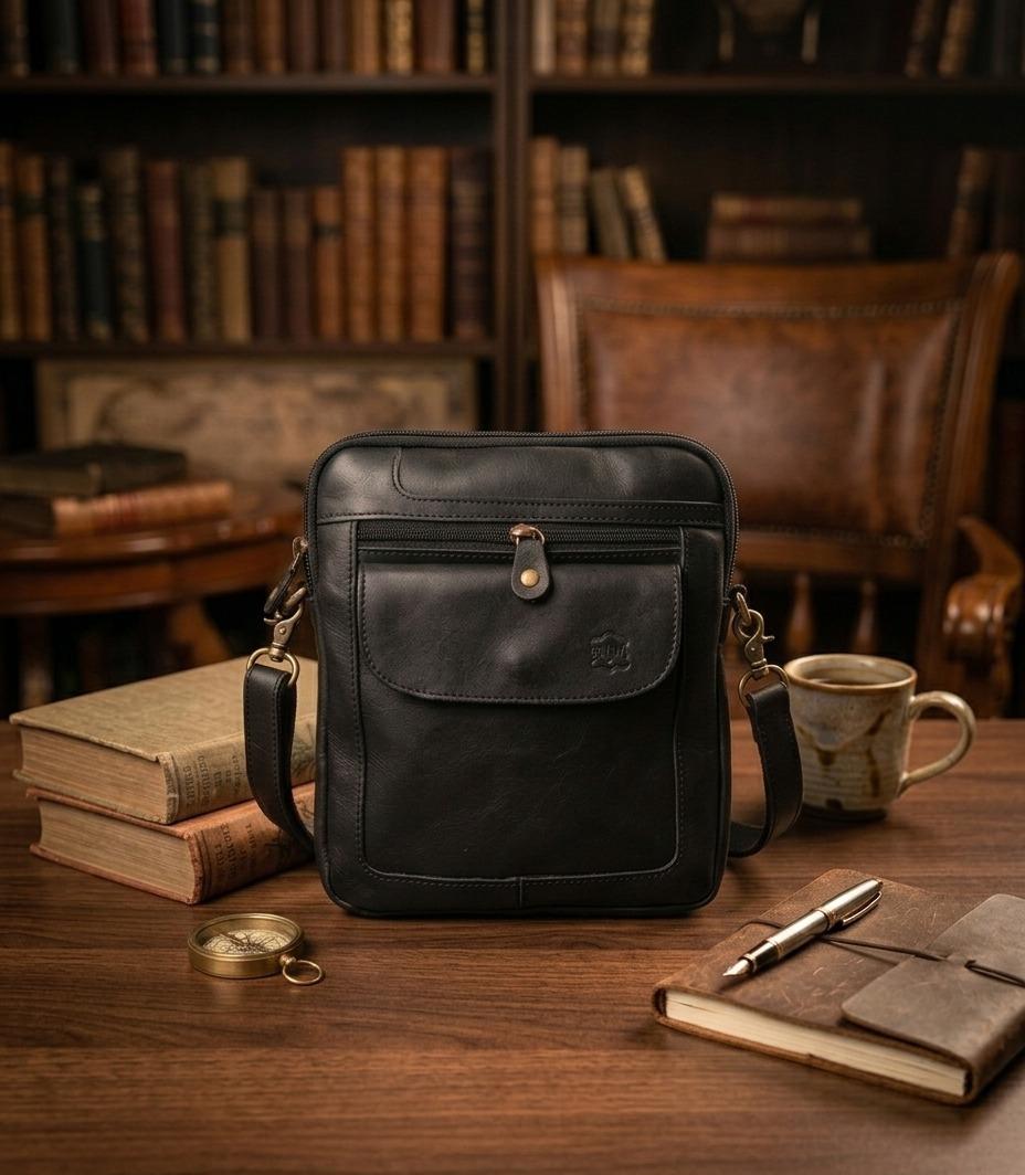 Premium Genuine Leather Crossbody Messenger Bag - Classic Black