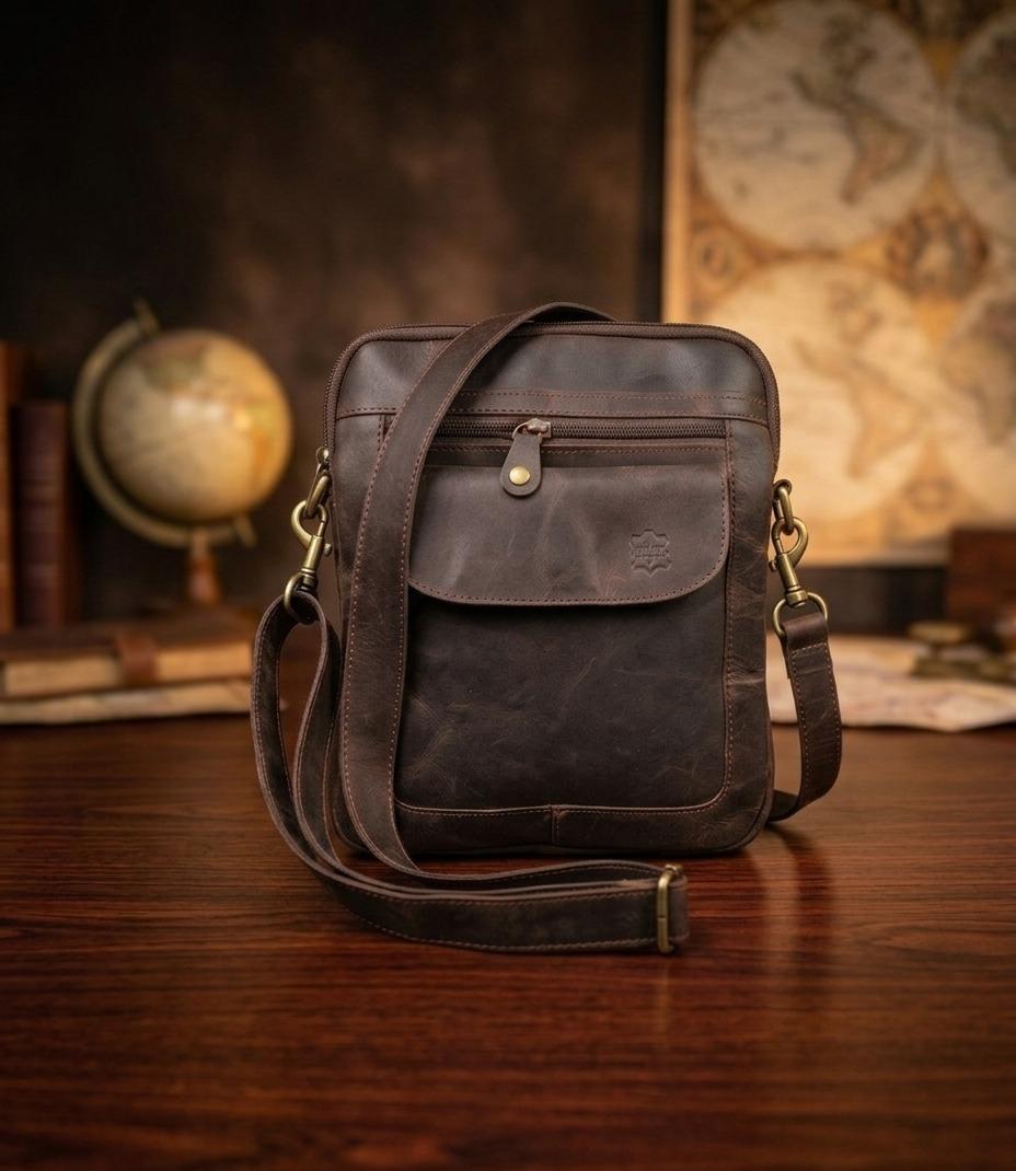 Premium Genuine Leather Crossbody Messenger Bag - Classic Black