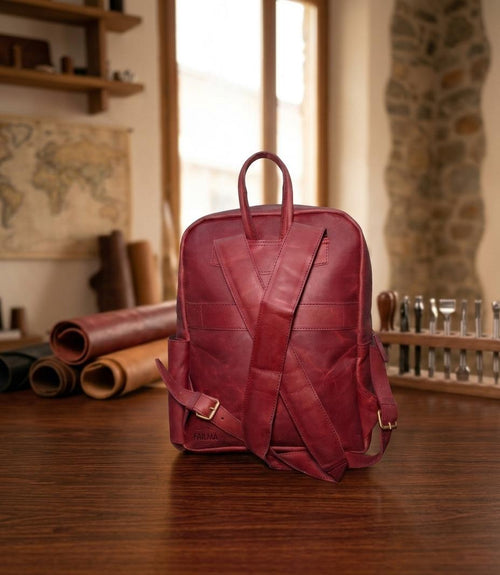 Handcrafted Cherry Red Genuine Leather Backpack | Minimalist Urban Travel Bag