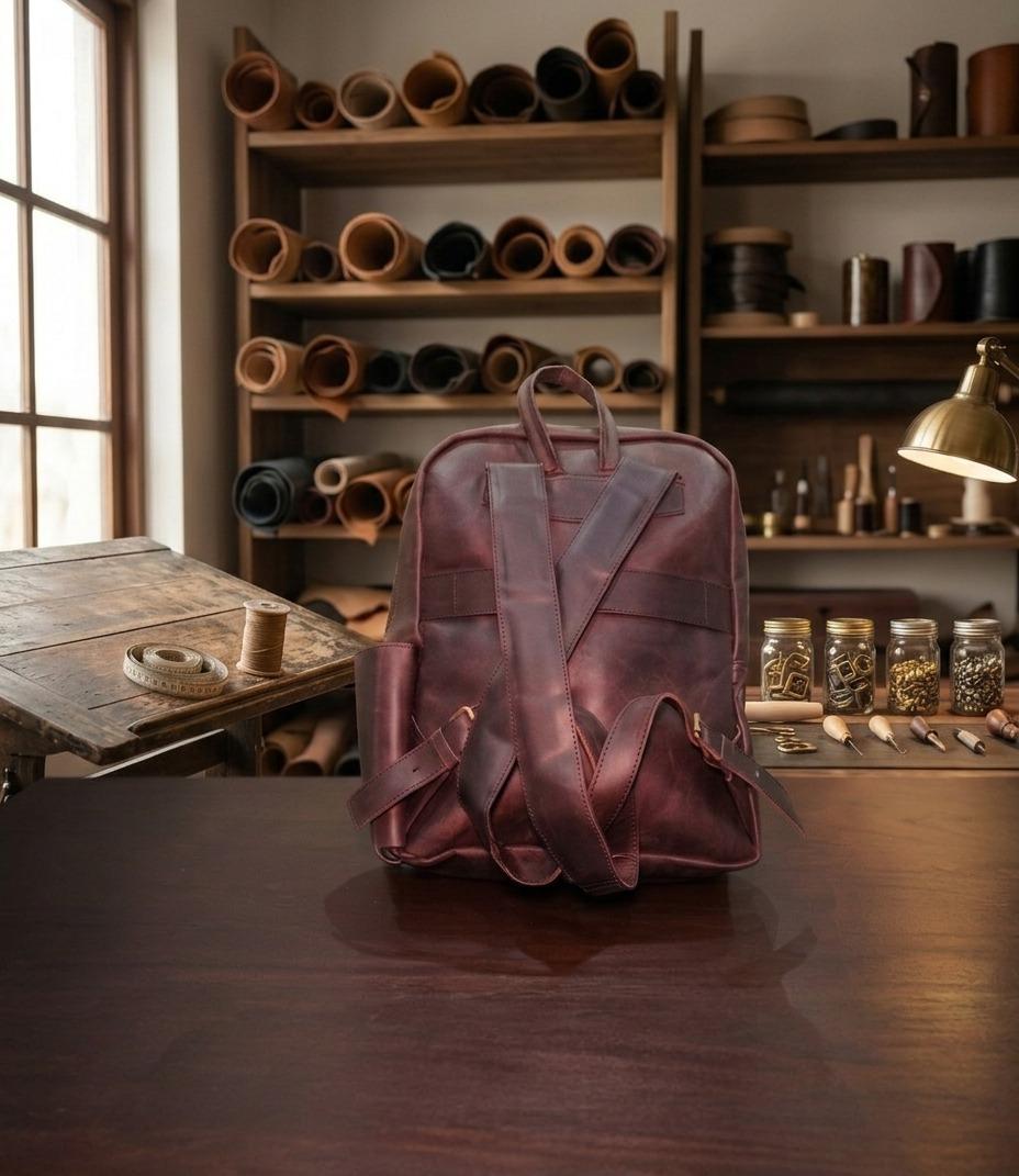 Handcrafted Cherry Red Genuine Leather Backpack | Minimalist Urban Travel Bag