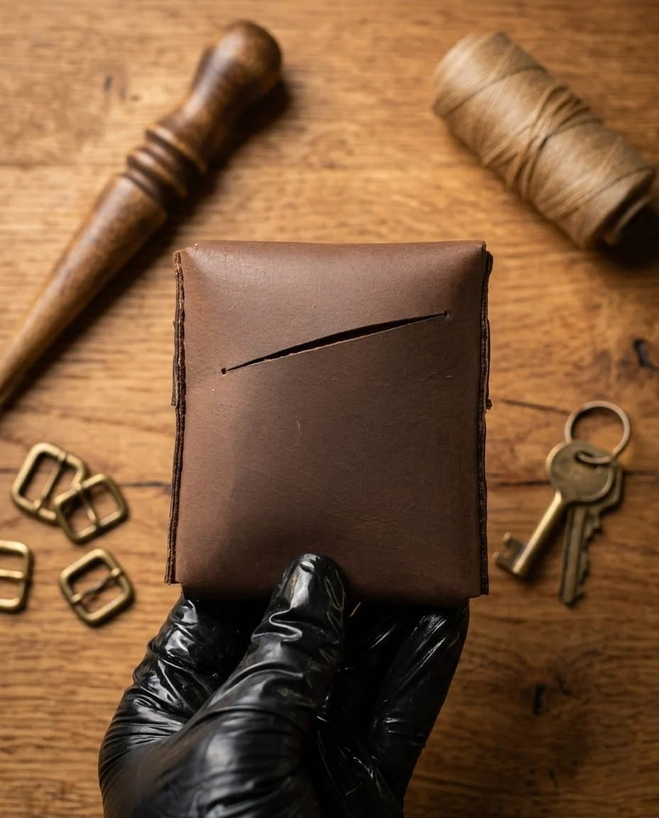 FAUMA Rugged Brown Leather Compact Wrap Wallet