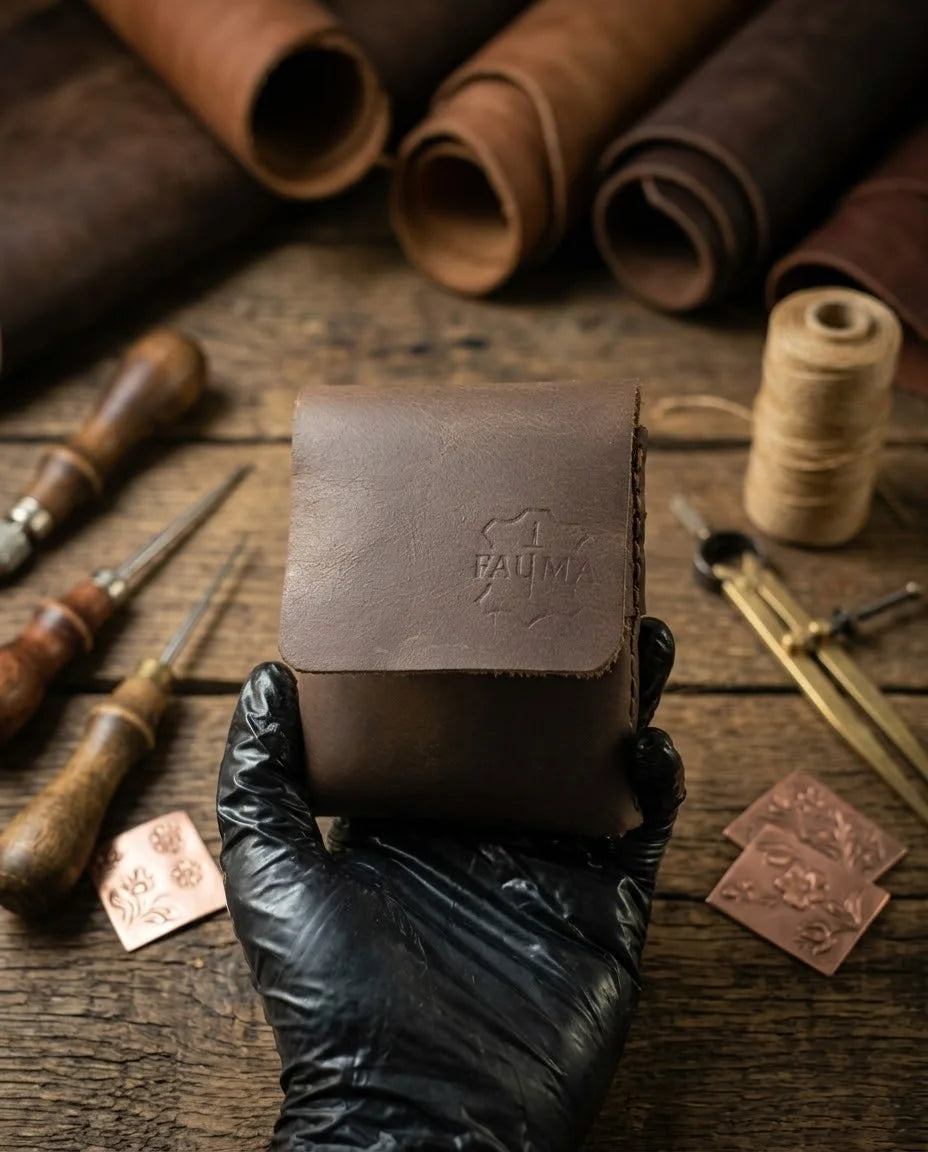 FAUMA Rugged Brown Leather Compact Wrap Wallet