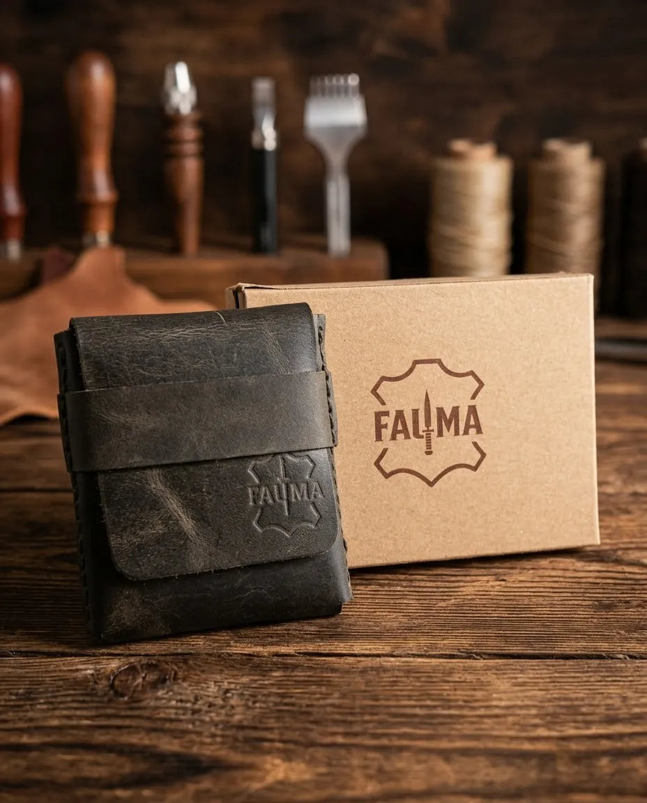 FAUMA Rugged Brown Leather Compact Wrap Wallet
