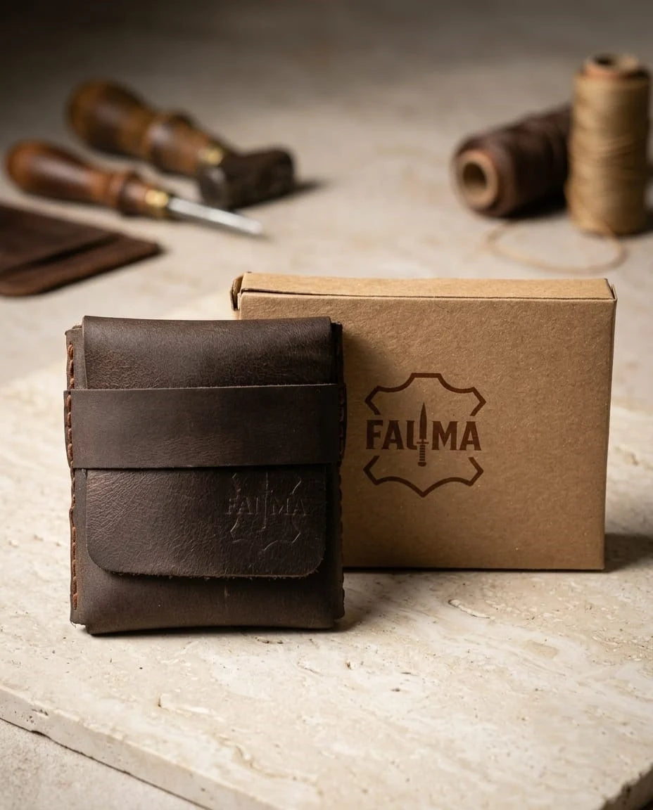 FAUMA Rugged Brown Leather Compact Wrap Wallet